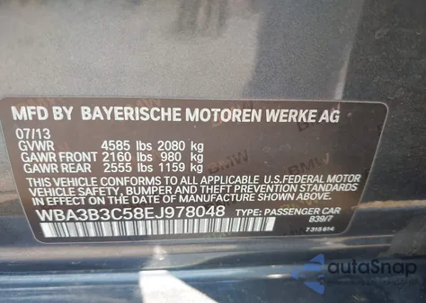 2014 BMW 328I xDrive из США, поврежденный, VIN WBA3B3C58EJ978048